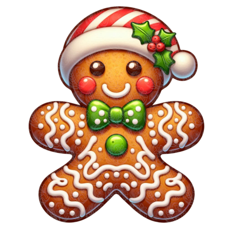 gingerbread man cookie wearing a candy-cane Santa hat with holly, bow tie, and white icing details, Grey Barn Handwerk, Saskatchewan.